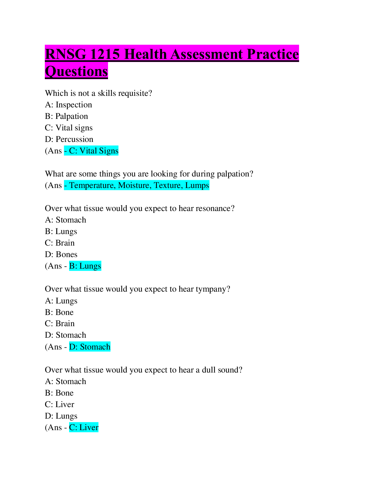 RNSG 1215 Health Assessment Practice Questions & Answers/ Guaranteed A